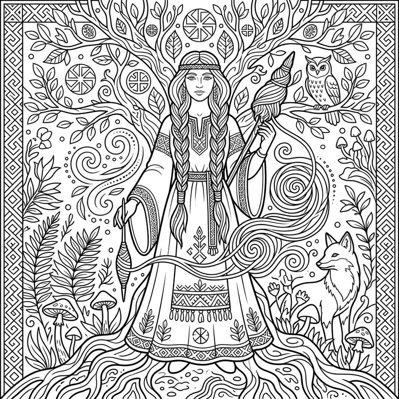Immerse yourself in the rich tapestry of Slavic paganism with this beautiful coloring page featuring a powerful goddess. Explore ancient symbols and mystical creatures as you bring this scene to life with your favorite colors.