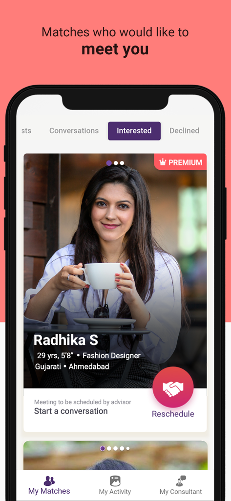 Mobile interface of Select Shaadi app showing a handpicked match profile with details and a button to schedule a meeting via a consultant
