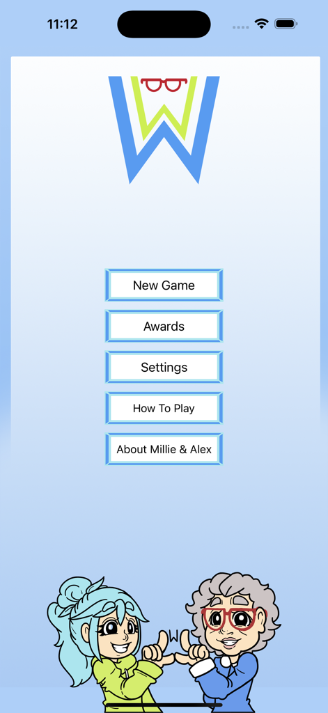 Word Wise - Home screen of the Word Wise app featuring characters Millie and Alex and the main menu.