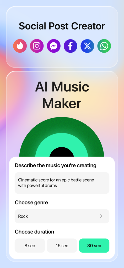 Interface of ChatBox AI showing the music maker and social post creator tools