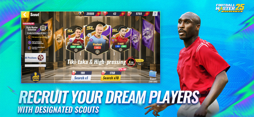 Interfaz de ojeo en Football Master 2 mostrando tarjetas de jugadores para Haaland, Ramsey y Arnold