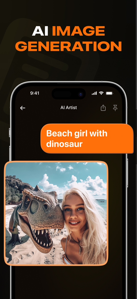 Openchat: AI Chatbot Copilot - Smartphone interface showing Openchat AI generating an image of a girl with a dinosaur on a beach based on a text prompt