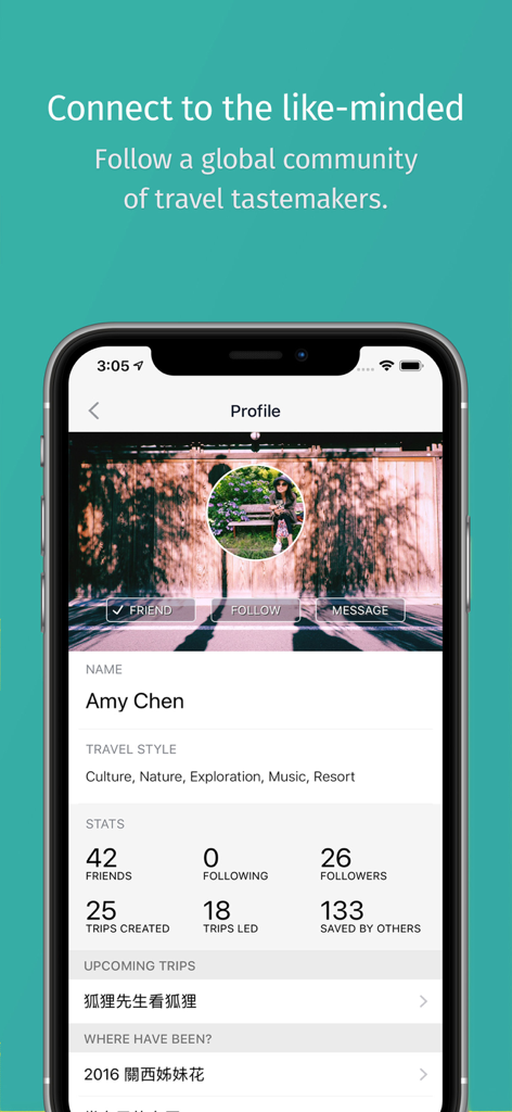 A user profile screen in the TripHugger app showing travel style and social trip statistics.