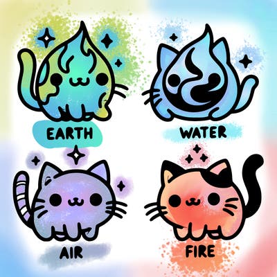 4 cats that represent the different elements, earth, water, air, and fire