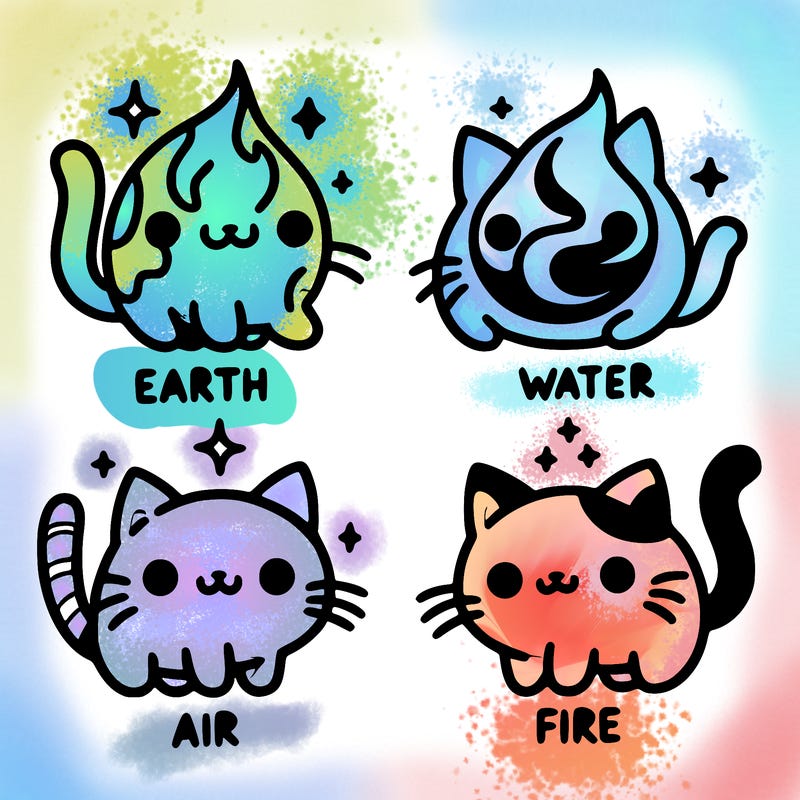 4 cats that represent the different elements, earth, water, air, and fire