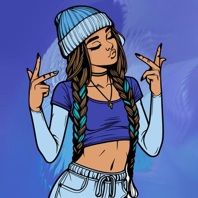 realistic teenage girl with braids and a beanie and crop top doing 🫶🏼