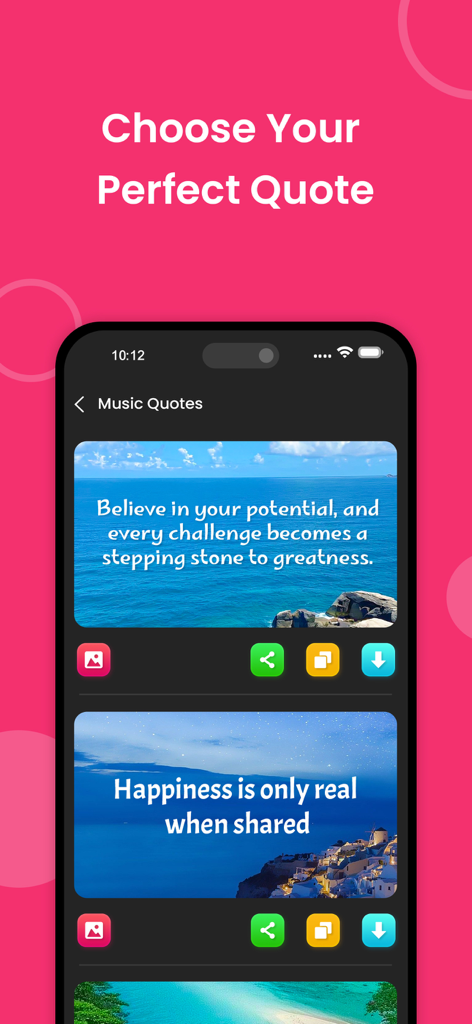 TopFollow - Tags - A mobile app screen titled Choose Your Perfect Quote displaying inspirational quotes over scenic backgrounds for social media content