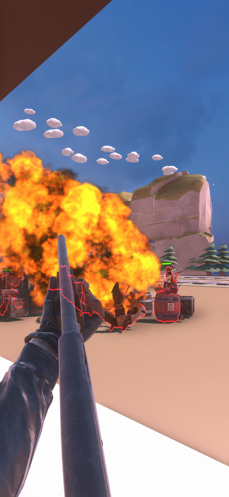 DeadEye Gunslinger : Wild West - First person perspective of a gunslinger shooting at bandits with a large explosion in a stylized Wild West environment