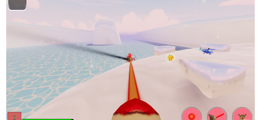 Cookies vs. Claus - Rudolph el reno de nariz roja disparando un rayo láser a través de un paisaje nevado en Cookies vs Claus