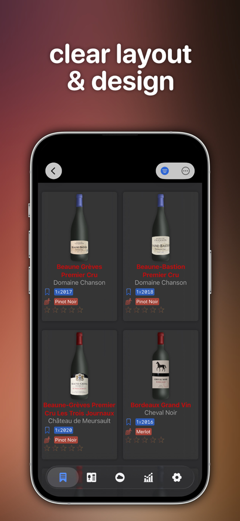 Wine Cellar Manager - Clear layout and design showing a grid of premium wine bottles with vintage details in the app