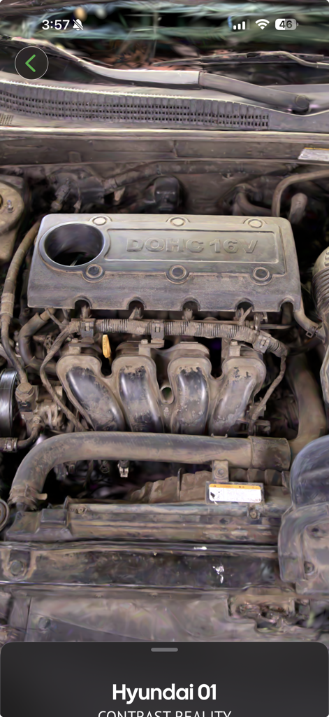 A high-fidelity 3D Gaussian Splat rendering of a Hyundai car engine inside the spatial fields mobile app