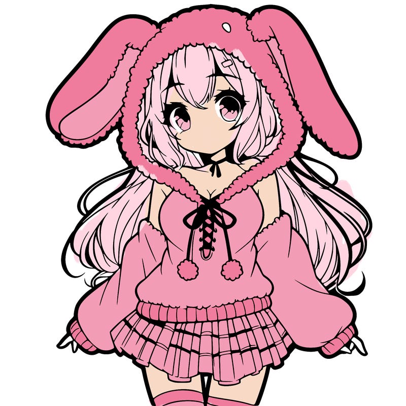 pretty anime girl wearing a fluffy hoodie with bunny ears on the hood and a skirt