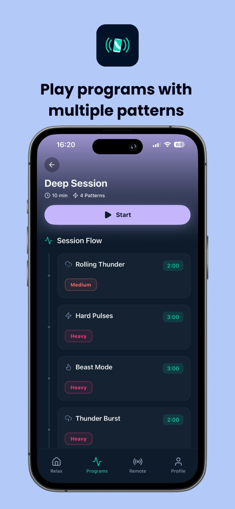Interface do aplicativo MeTime Vibrator mostrando um fluxo de sessão com múltiplos padrões de vibração como Rolling Thunder e Beast Mode