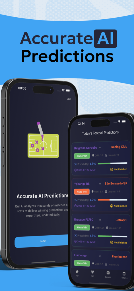 IntelPicks - Football stats - Interface of the IntelPicks app showing daily football match predictions with AI generated win probabilities and betting odds