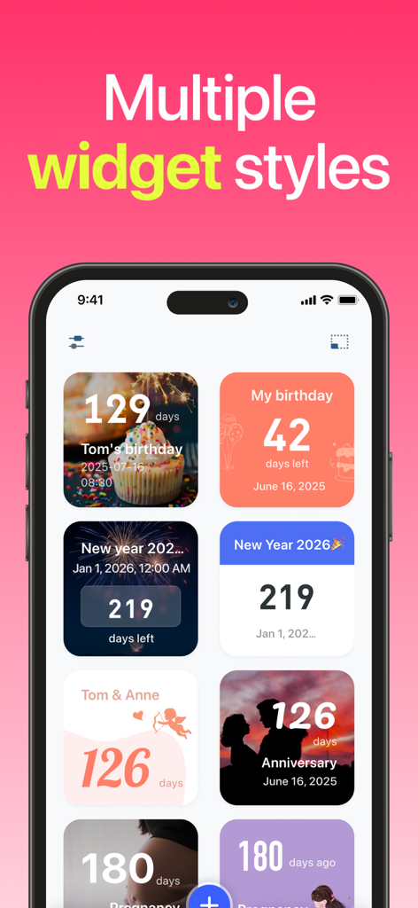 Countdown - Widget & Timer - Interfaz que muestra múltiples diseños de widgets de cuenta regresiva para diferentes eventos de la vida