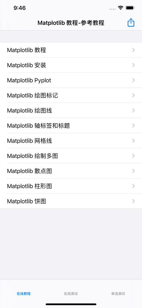 Interface of the Matplotlib Tutorial app displaying a list of lessons on Python data visualization.