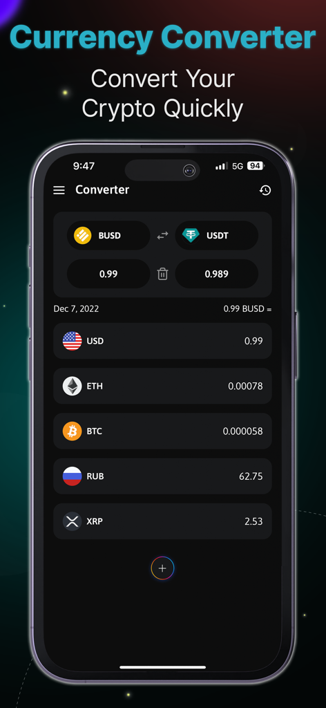 The Crypto App 인터페이스에 비트코인 및 기타 디지털 자산에 대한 통화 변환기 도구가 표시됩니다.