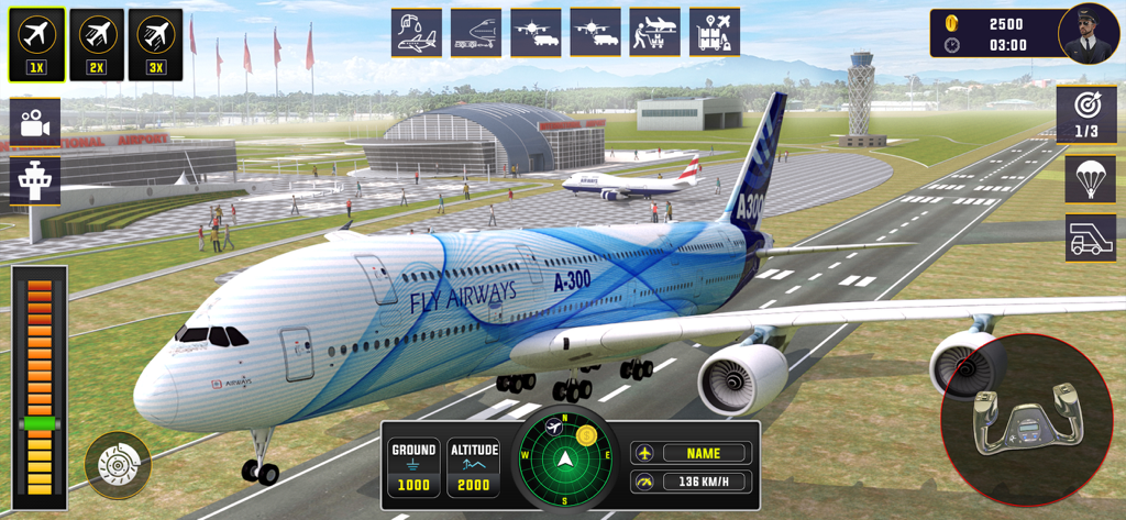 Pilot Airplane Simulator Games - Una aeronave jet comercial en la pista de un aeropuerto en el juego móvil Pilot Airplane Simulator.