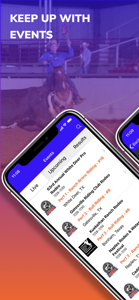 NextGenRodeo mobile app screen showing a list of upcoming rodeo events in Texas