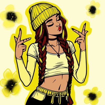 realistic teenage girl with braids and a beanie and crop top doing 🫶🏼