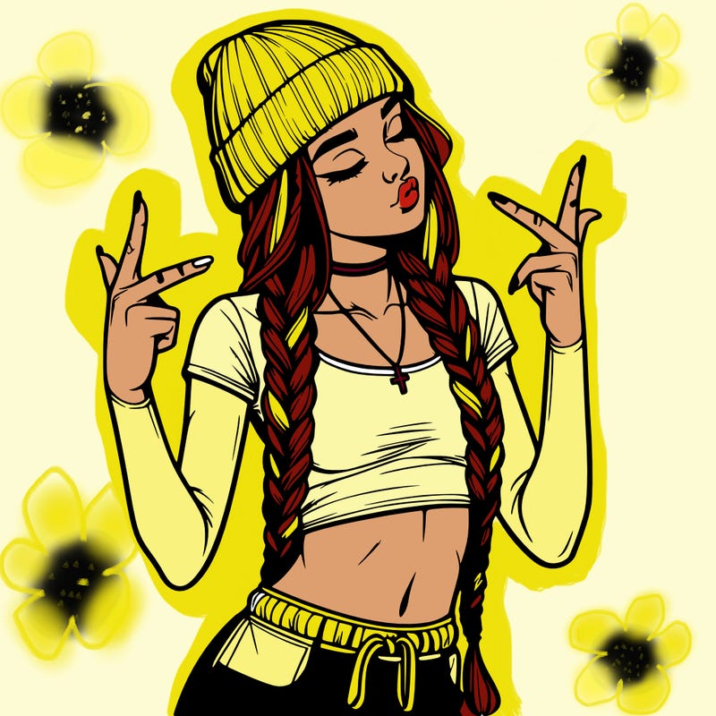 realistic teenage girl with braids and a beanie and crop top doing 🫶🏼