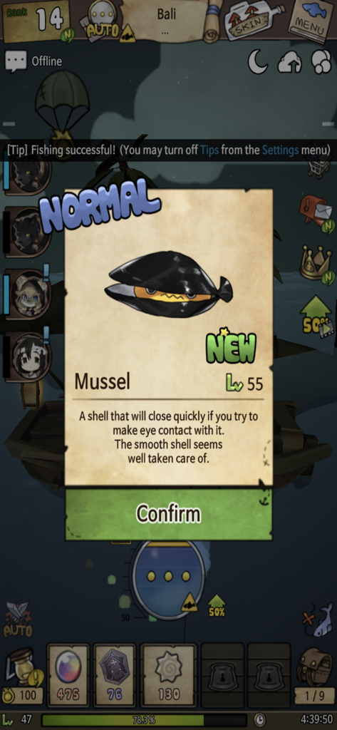 A Girl Adrift - A screenshot from the mobile game A Girl Adrift showing a newly caught level 55 mussel on a collection card.
