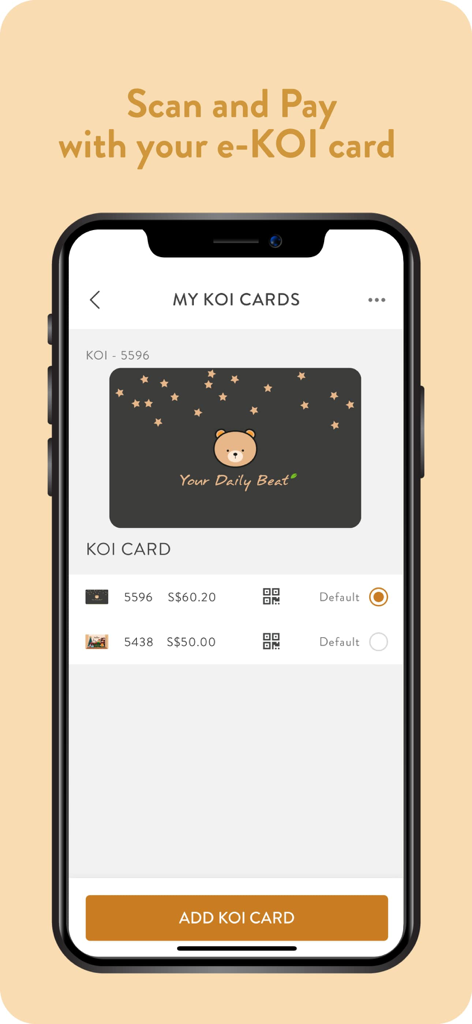 KOI Thé Singapore mobile app screen showing digital loyalty cards for scan and pay payment