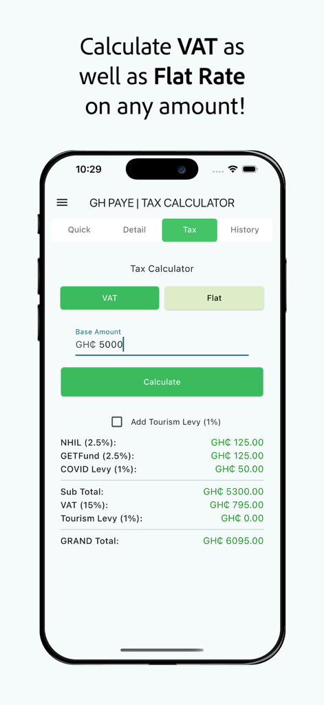 PAYE Calculator - Ghana PAYE - A smartphone displaying the VAT and tax calculator screen for Ghana statutory payments