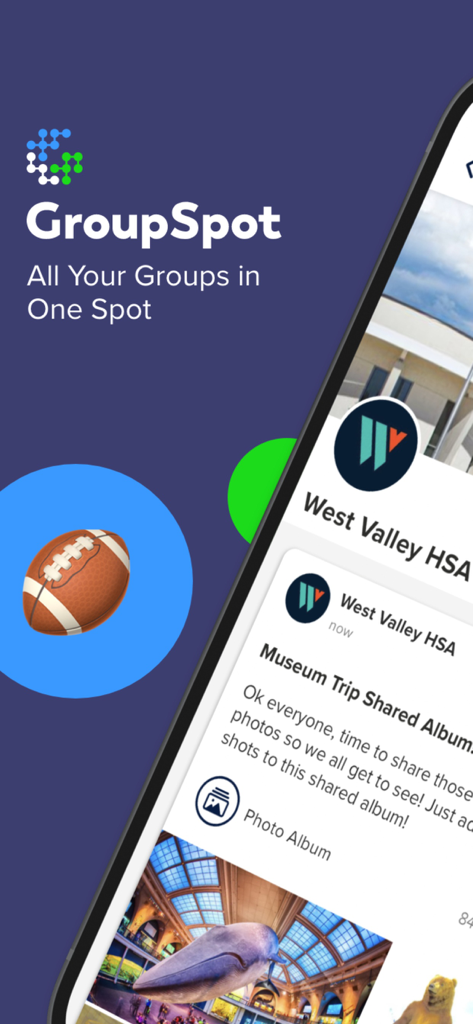 GroupSpot - GroupSpot app interface showing community group post for a museum trip shared album