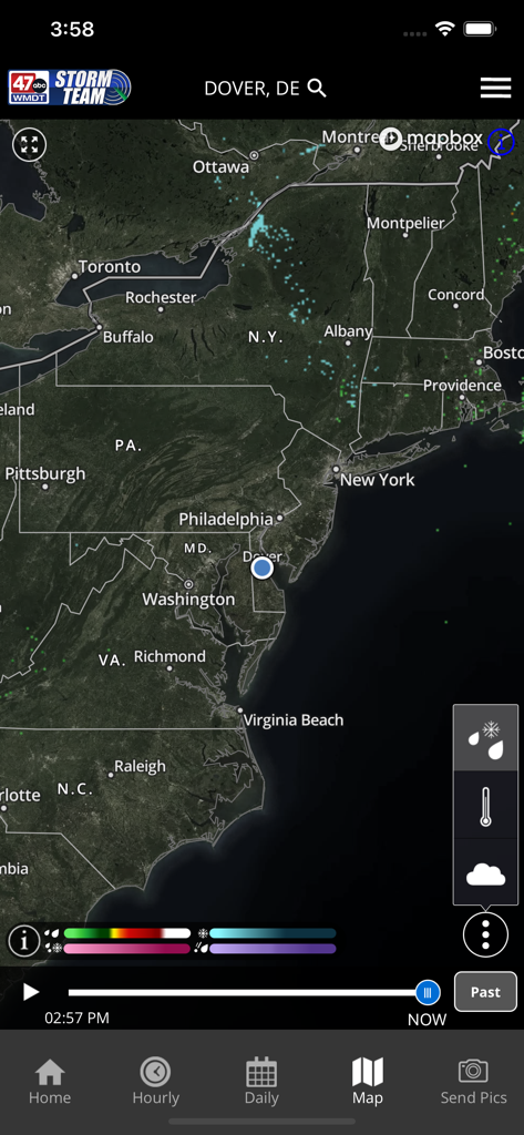47abc Weather app interactive radar map interface centered on Dover Delaware