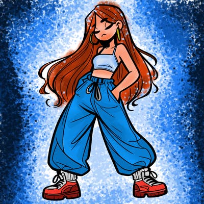 girl in baggy pants crop top and long hair