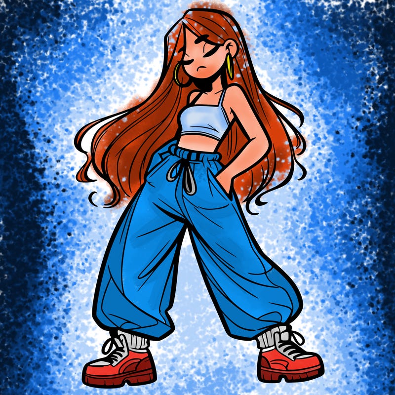 girl in baggy pants crop top and long hair
