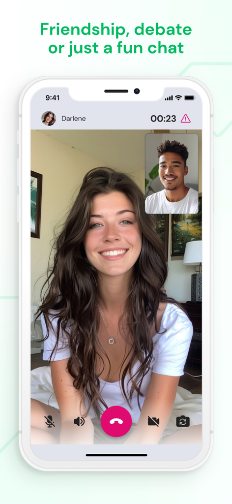 Emerald Chat - Meet New People - Emerald Chat mobile app interface showing a 1-on-1 video call between two people