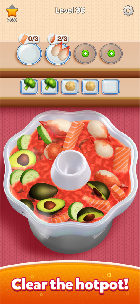 A 3D mobile game screenshot of Hot Pot Go showing a variety of food ingredients like salmon and avocado in a boiling pot ready to be sorted into plates.