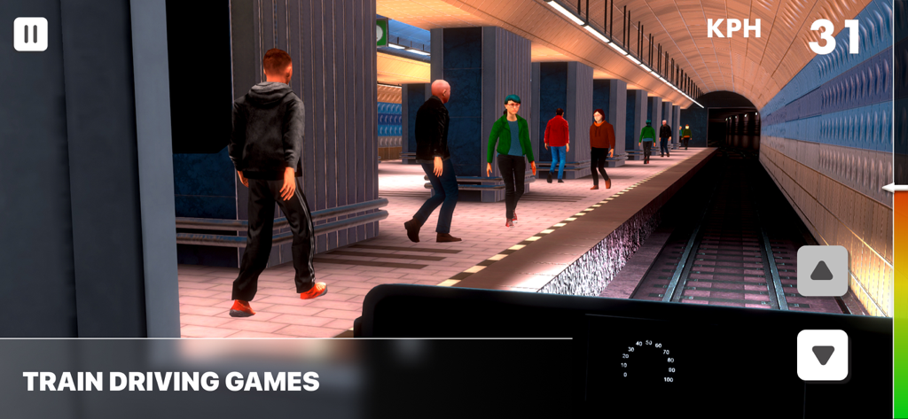 Vista em primeira pessoa da cabine de um comboio de metro a aproximar-se da plataforma de uma estação com passageiros