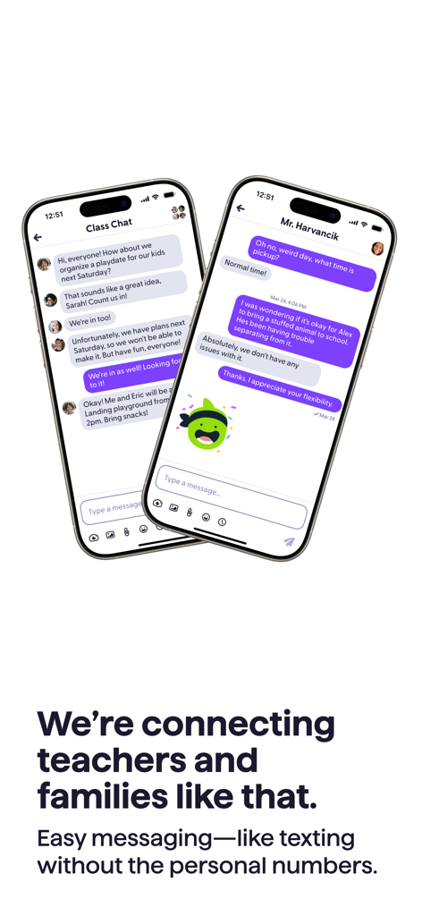 ClassDojo - Two smartphones displaying the ClassDojo app with examples of class group chat and private teacher parent messaging