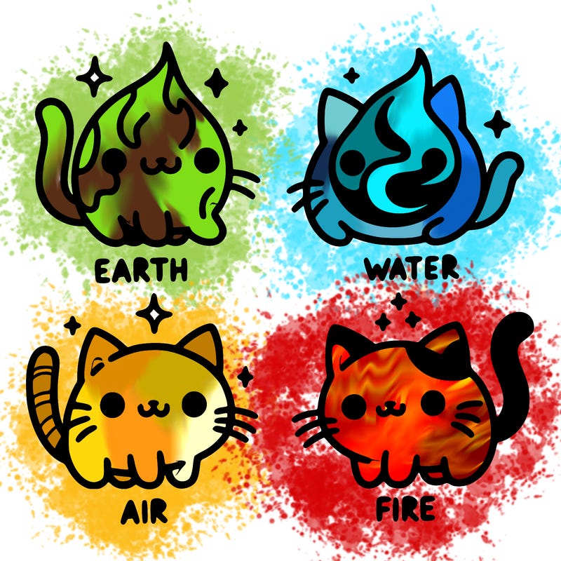 4 cats that represent the different elements, earth, water, air, and fire