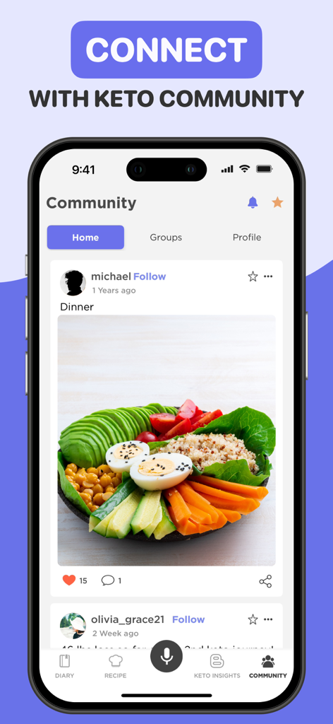 Keto Manager : Carb Diet App - Community feed screen in the Keto Manager app showing a user shared keto meal and social interactions