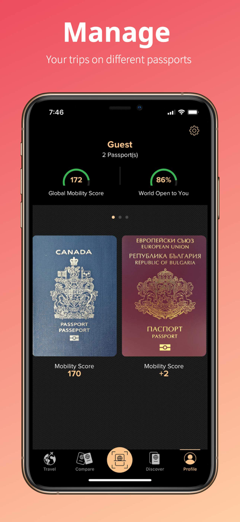 Passport Index app interface displaying multiple passports and global mobility scores for dual citizenship travel management