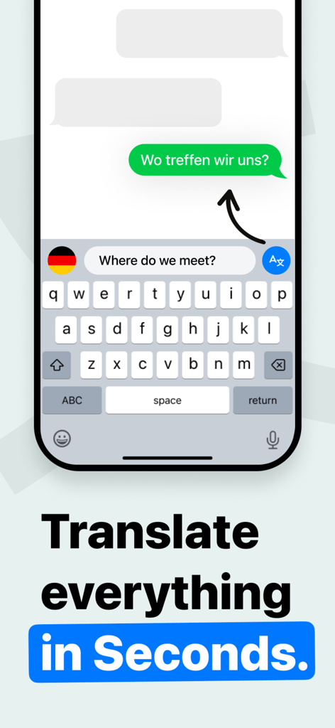Translator Keyboard : Lingo - Smartphone screen showing the Lingo keyboard translating an English message into German within a chat application.