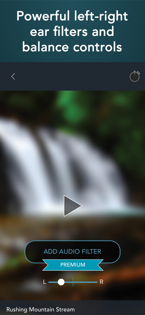 Tinnitus Aid: ringing relief - Tinnitus relief app interface showing left and right ear balance controls and premium audio filter settings over a waterfall background