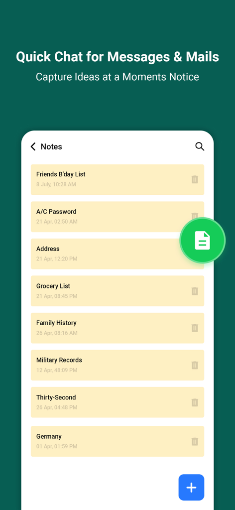 Pantalla de gestión de notas en la aplicación Quick Chat que muestra listas organizadas de artículos de supermercado, direcciones y contraseñas.