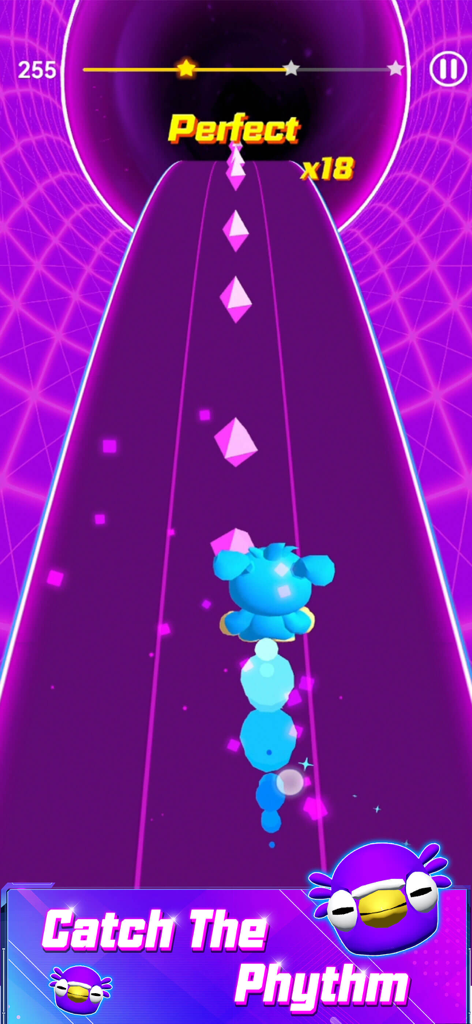 A blue character rolls along a neon purple track in a music rhythm game.