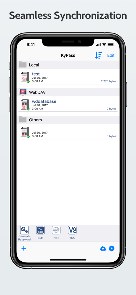 KyPass mobile interface showing local and WebDAV database synchronization options.