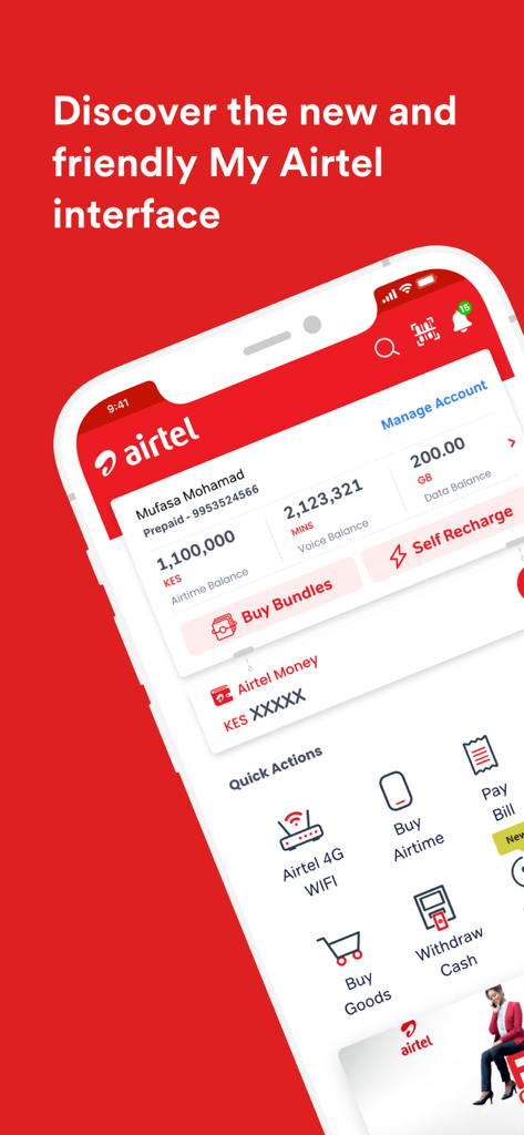 My Airtel Africa - Le tableau de bord de l'application Mon Airtel Afrique affichant les soldes de crédit et de données, ainsi que des icônes d'action rapide pour les recharges et les paiements de factures.