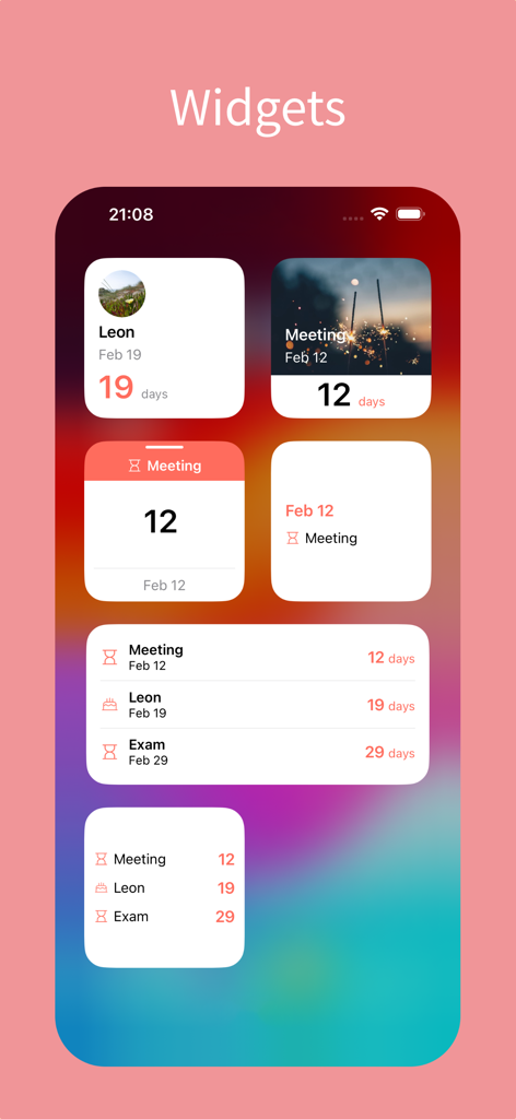 Birthday Reminder Countdown - Diferentes estilos de widgets de pantalla de inicio de iOS que muestran cuentas regresivas para cumpleaños y próximos eventos