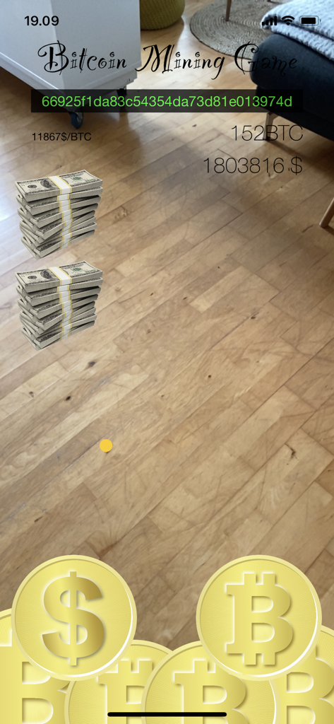 Bitcoin Mining Game - Augmented reality view of Bitcoin Mining Game showing virtual cash stacks and cryptocurrency stats in a room