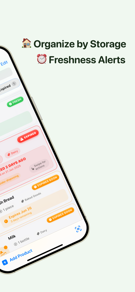 Smartphone screen from Mixova app showing color-coded food freshness alerts and expiration dates for pantry items.