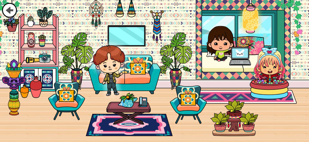 Tizi Modern Home Design Games - Salón de estilo bohemio colorido con personajes de dibujos animados y muebles modernos en Tizi Modern Home Games