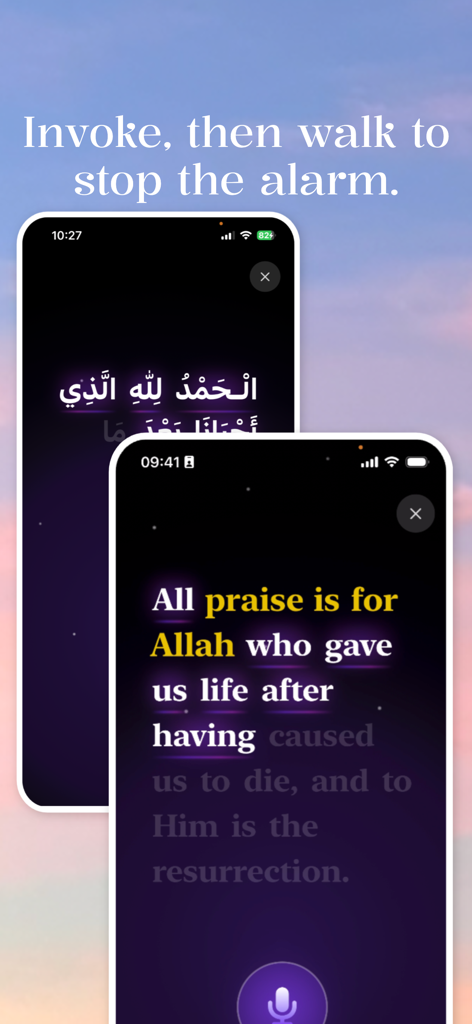Fajr O'Clock - Alarm & Salat - Fajr O Clock app screen displaying wake up dhikr for voice recognition alarm